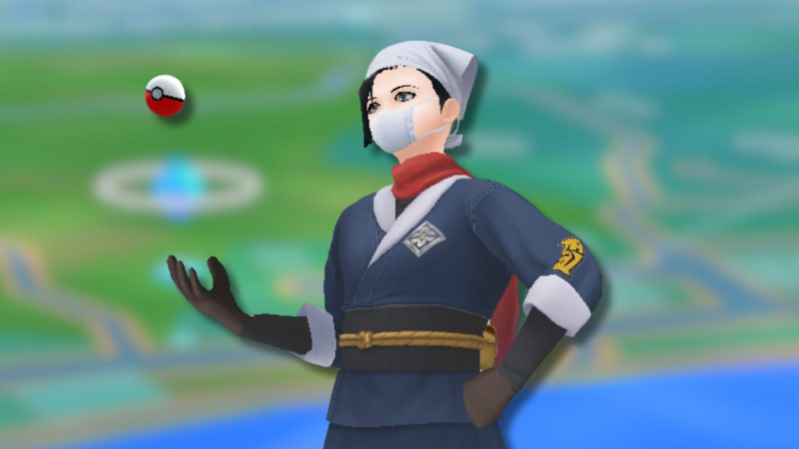 Pokemon Go player throwing Pokeball with map background.