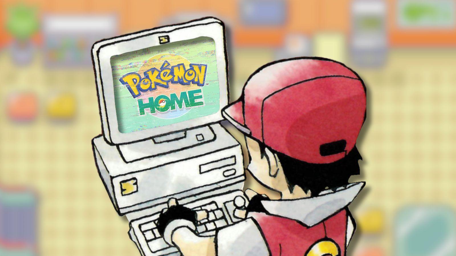 Red Pokemon character on PC with Pokemon HOME screen and Pokemon Center background.
