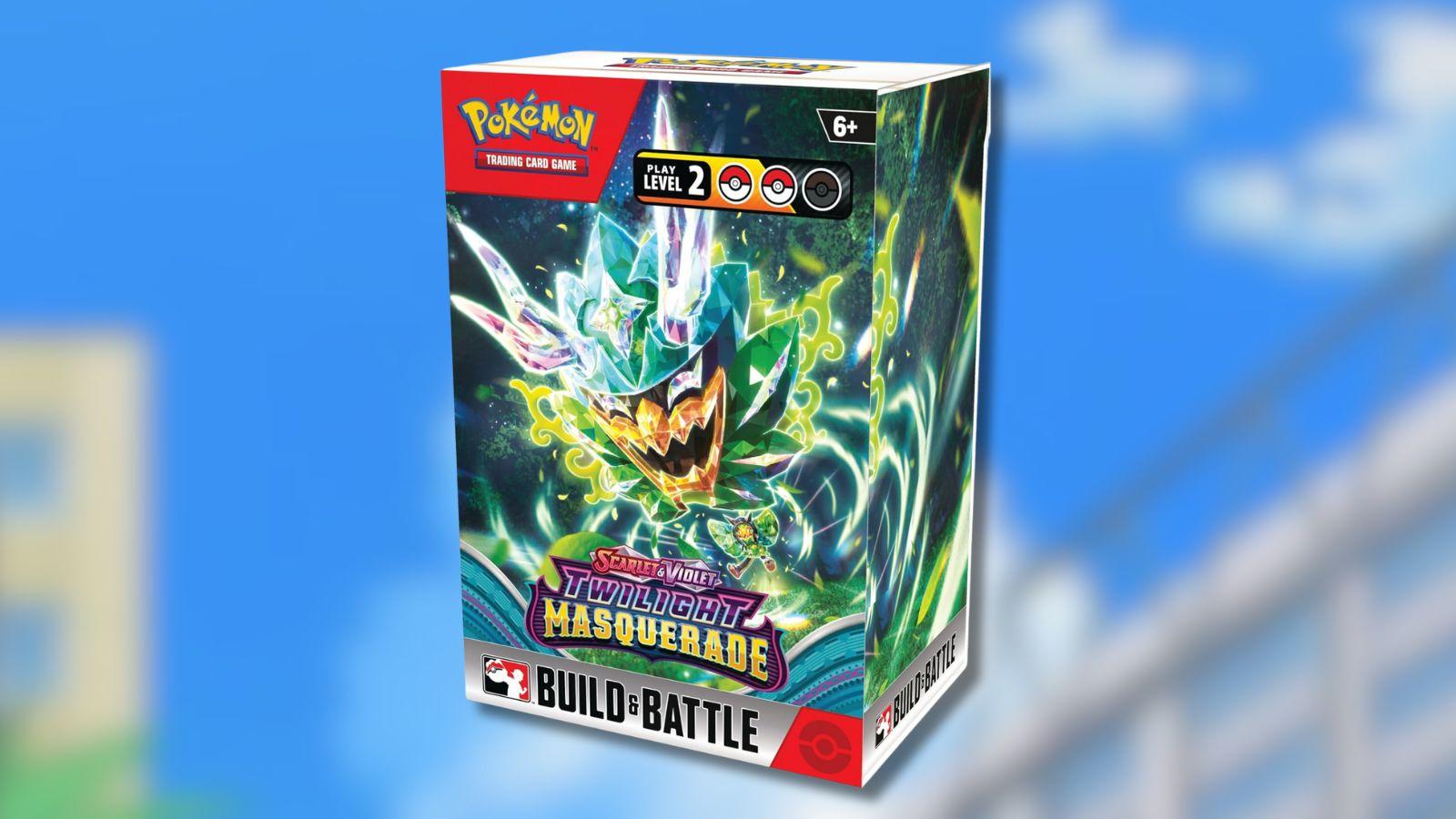 Pokemon TCG Twilight Masquerade Build and Battle Box product photo with Pokemon anime background.