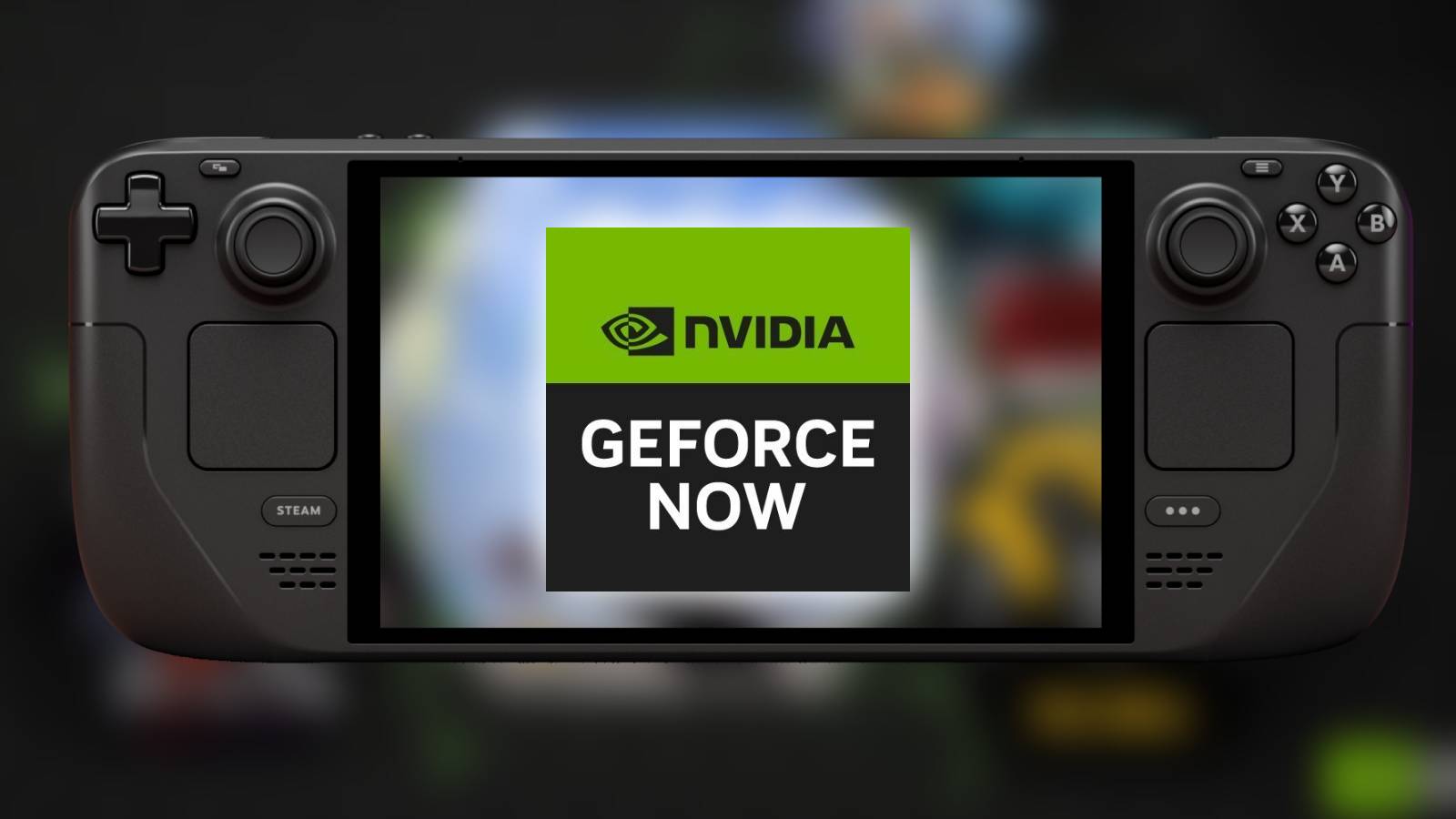 The Nvidia GeForce Now logo on the screen of a Steam Deck.