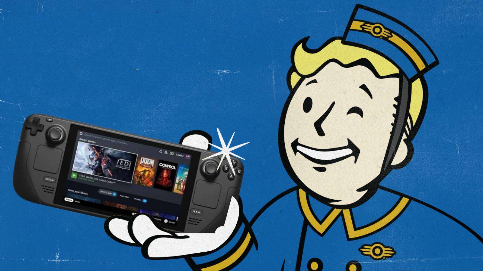 Image of Vault-Boy from the Fallout franchise, holding a Steam Deck.