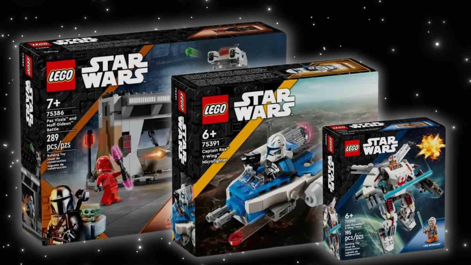 Three of the upcoming LEGO Star Wars sets on a galaxy background