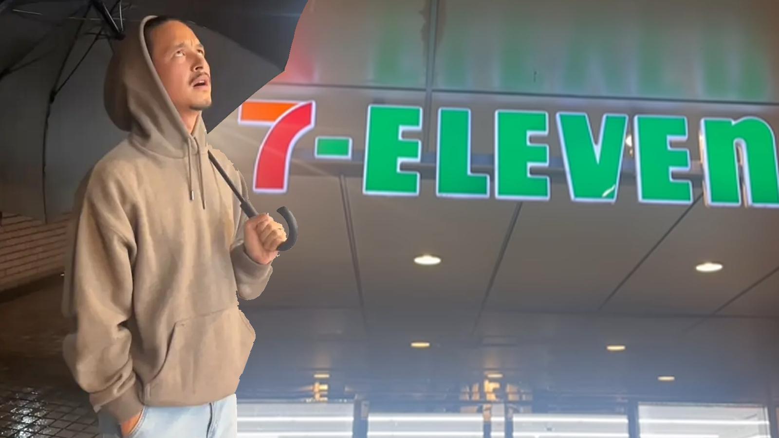 Content creator James staring up at 7-Eleven logo