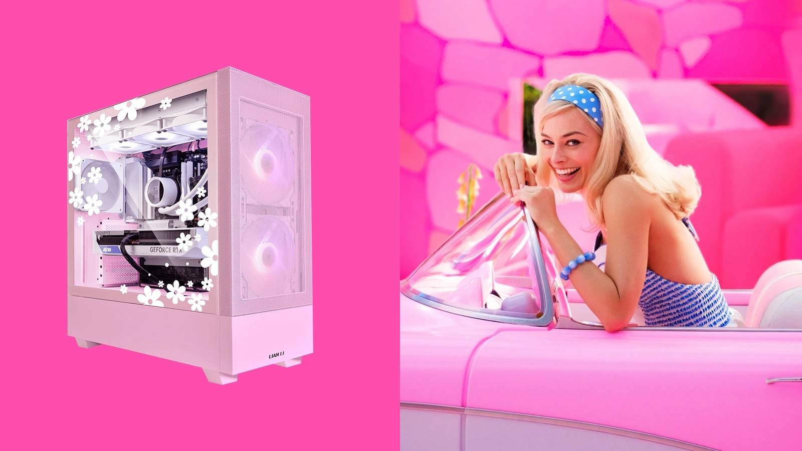 Image of a pink PC case, with Barbie from the Warner Bros Barbie movie on the right-hand side.