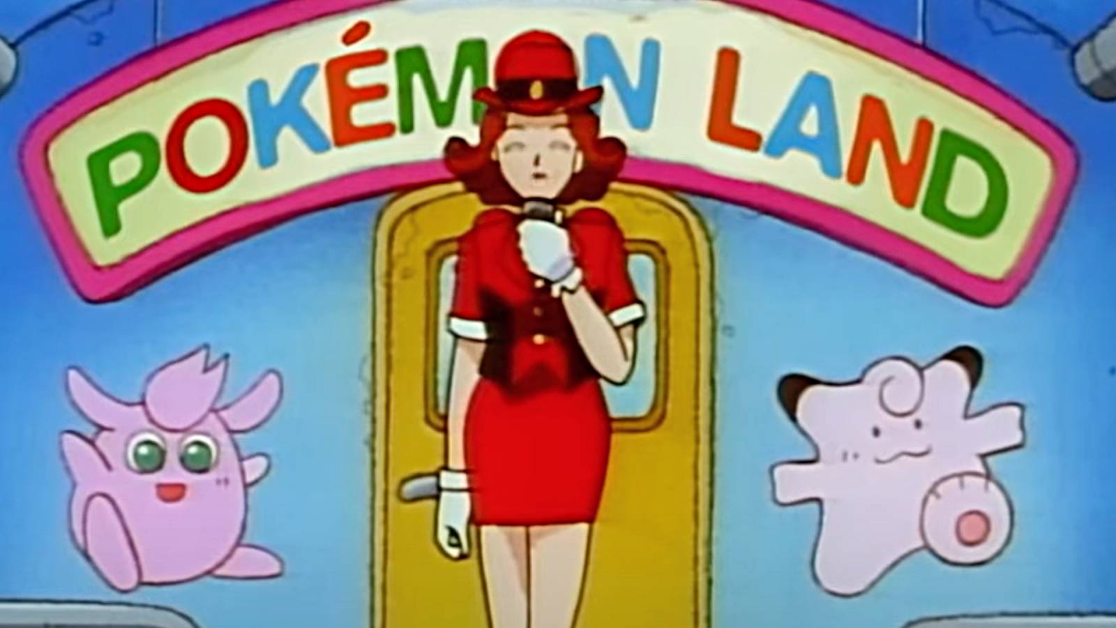 a screenshot from the Pokemon anime shows a women presenting an attraction, in front of a sign saying "Pokemon Land"