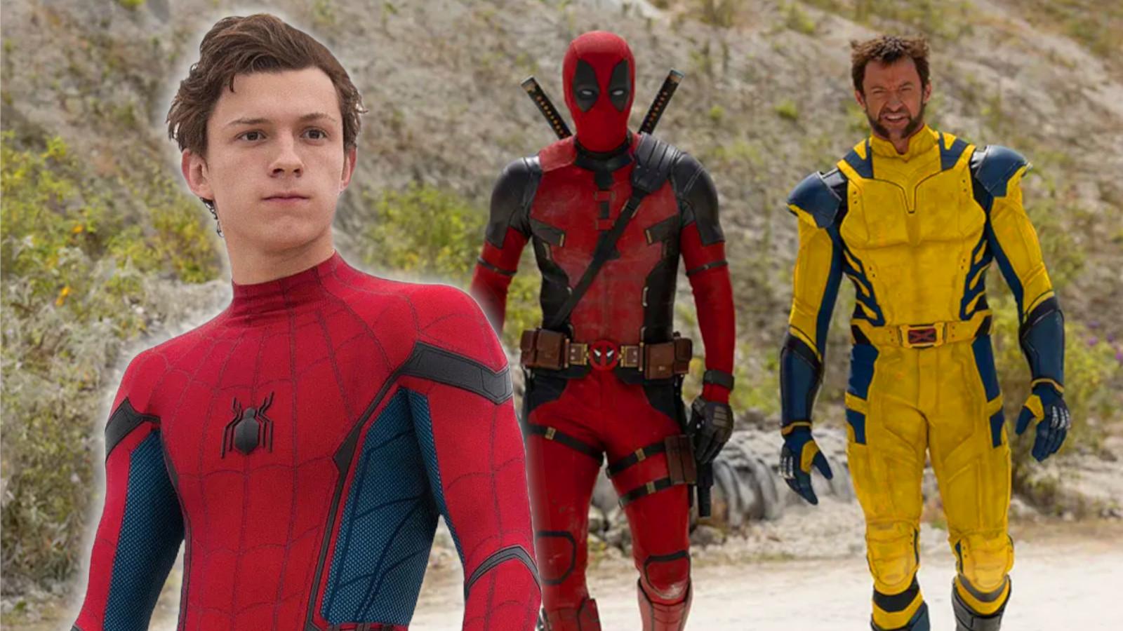 Tom Holland as Spider-Man, and Ryan Reynolds and Hugh Jackman as Deadpool and Wolverine