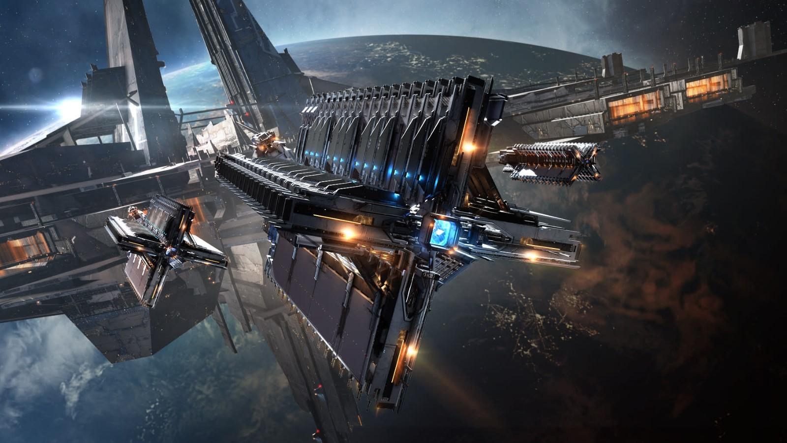 An enormous ship in the orbit of a planet in Eve Online