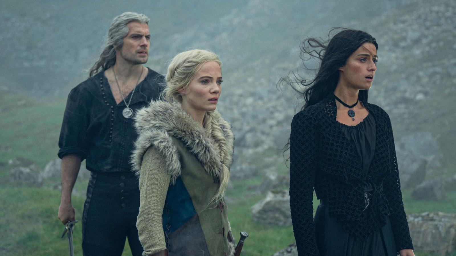 Henry Cavill, Freya Allan, and Anya Chalotra in The Witcher Season 3 finale.