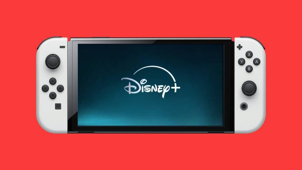 A Nintendo Switch is visible with Disney+ appearing on the screen