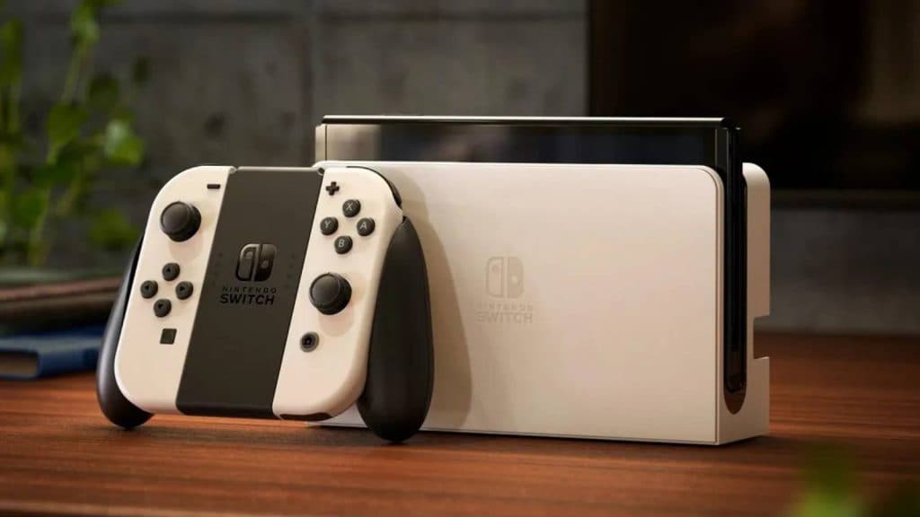 A product shot shows a Nintendo Switch OLED model and a white dock