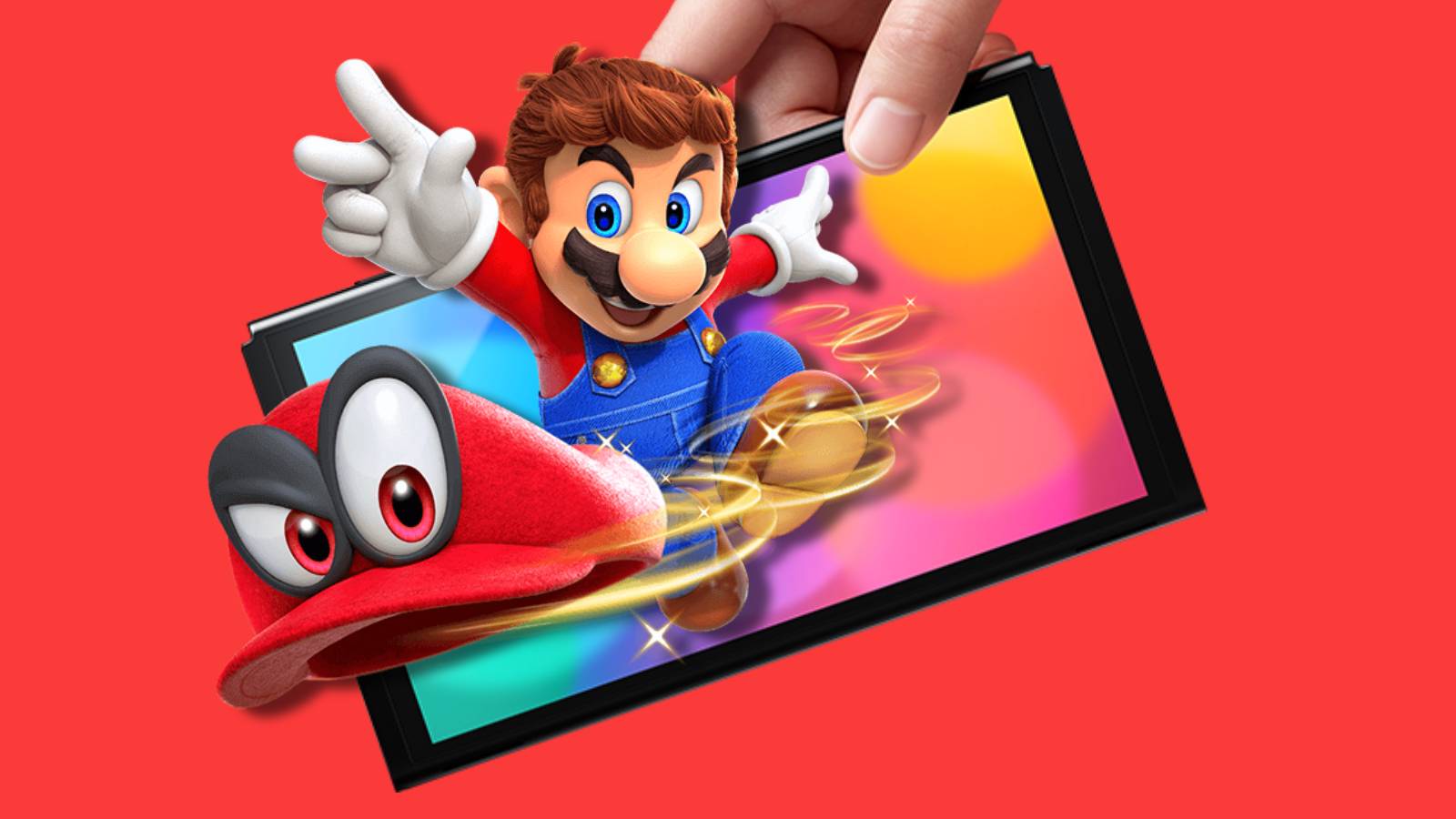 Mario leaps out of a Nintendo Switch OLED Model