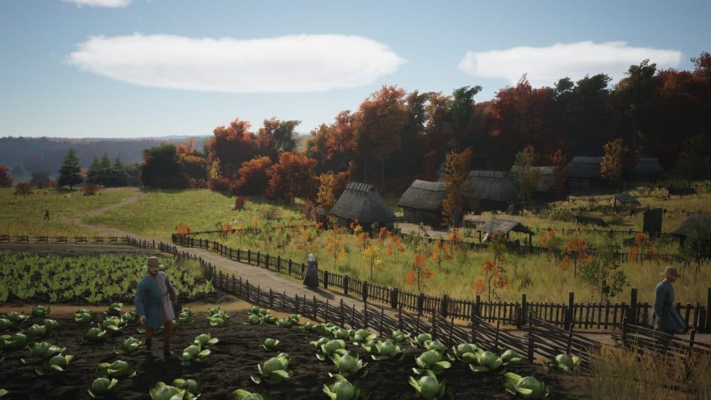 Lush farms in the summer in Manor Lords
