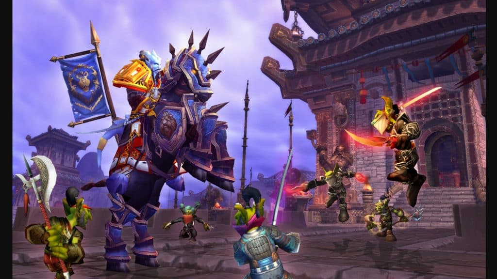 A Draenei on an armored charger in Mists of Pandaria