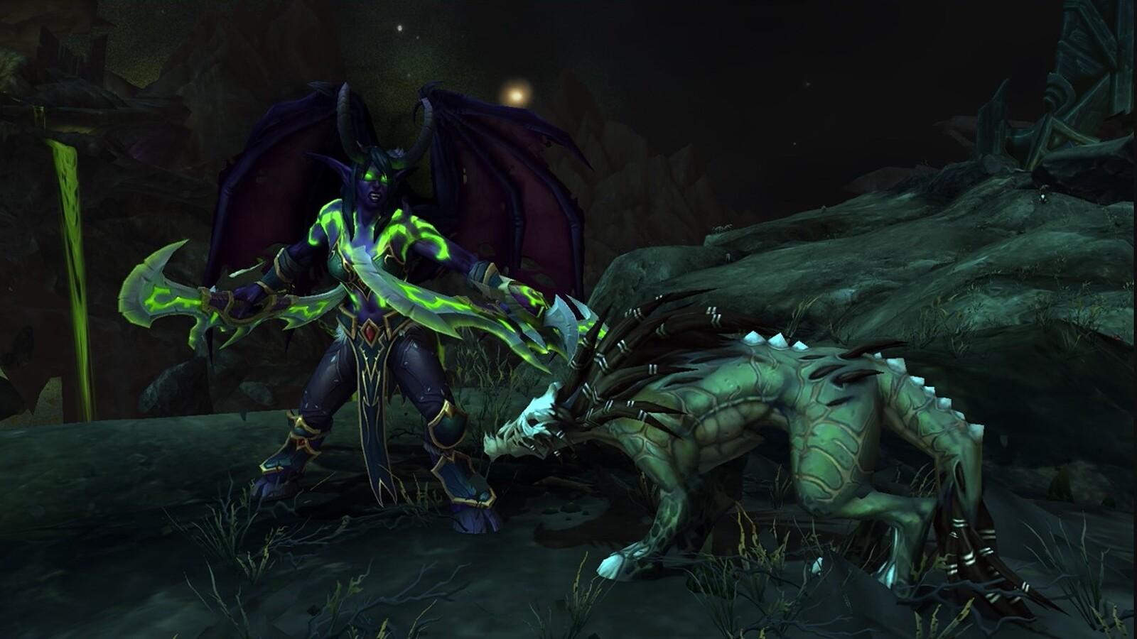 A demon hunter stands with a hound