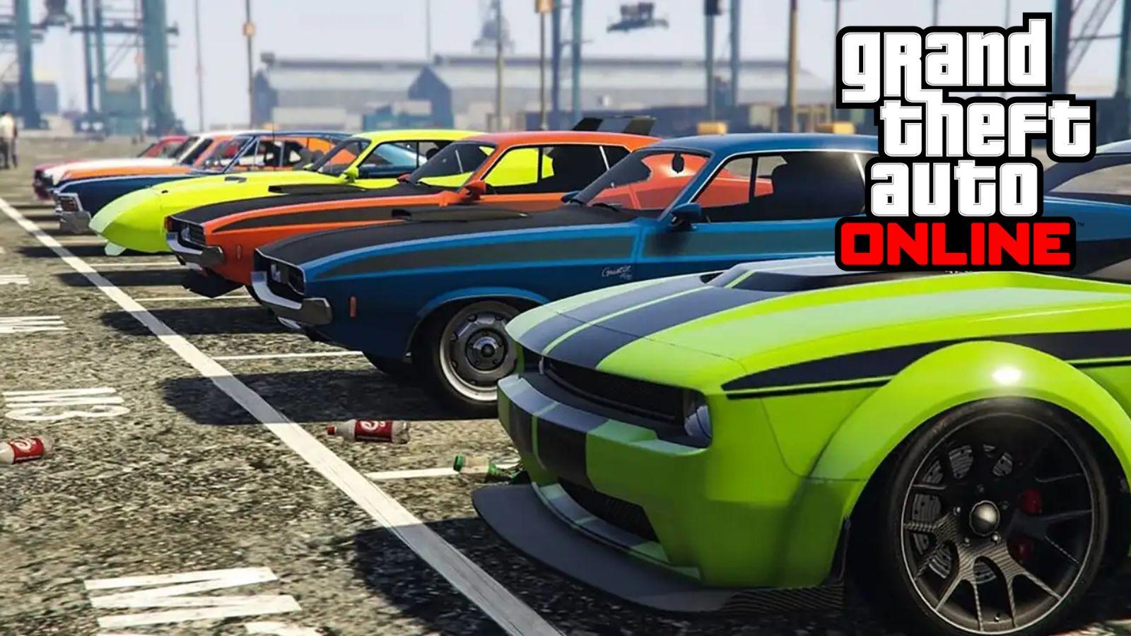 Cars in GTA Online parked up in parking spaces next to logo