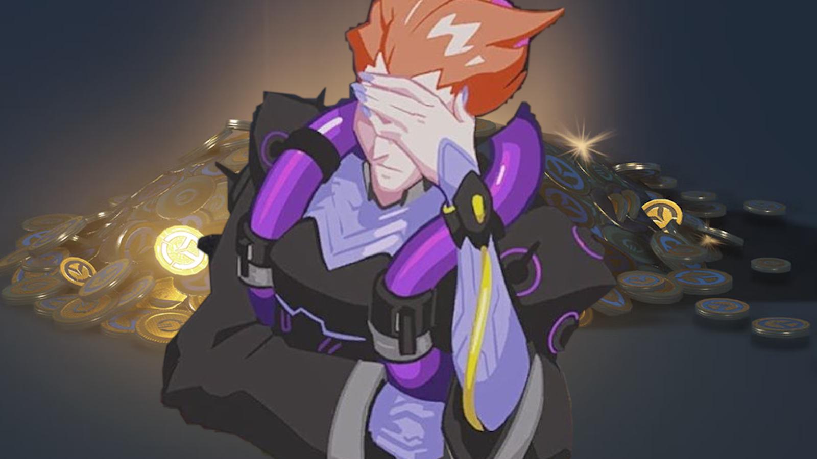 moira face palming in front of overwatch 2 coins