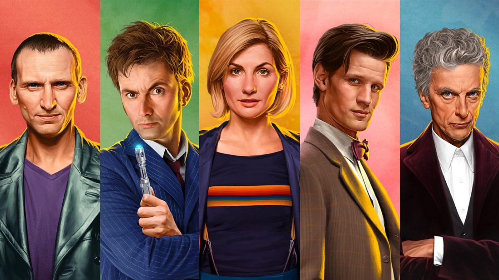 BBC Doctor Who key art featuring Matt Smith, Jodie Whittaker, Peter Capaldi, David Tennant, and Christopher Eccleston.