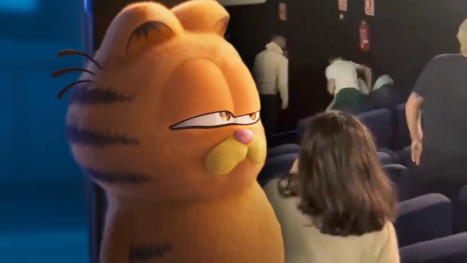 Still from the Garfield Movie and a fight that broke out at an early screening in Spain