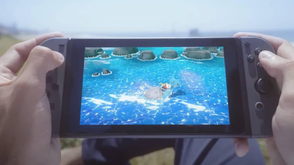 A Nintendo Switch is shown playing Pokemon Let's Go