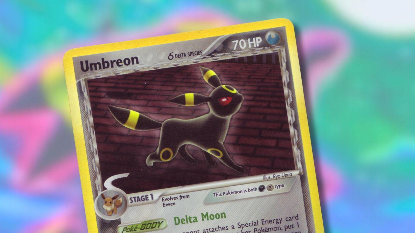 Umbreon Delta Pokemon card with Moonbreon background.