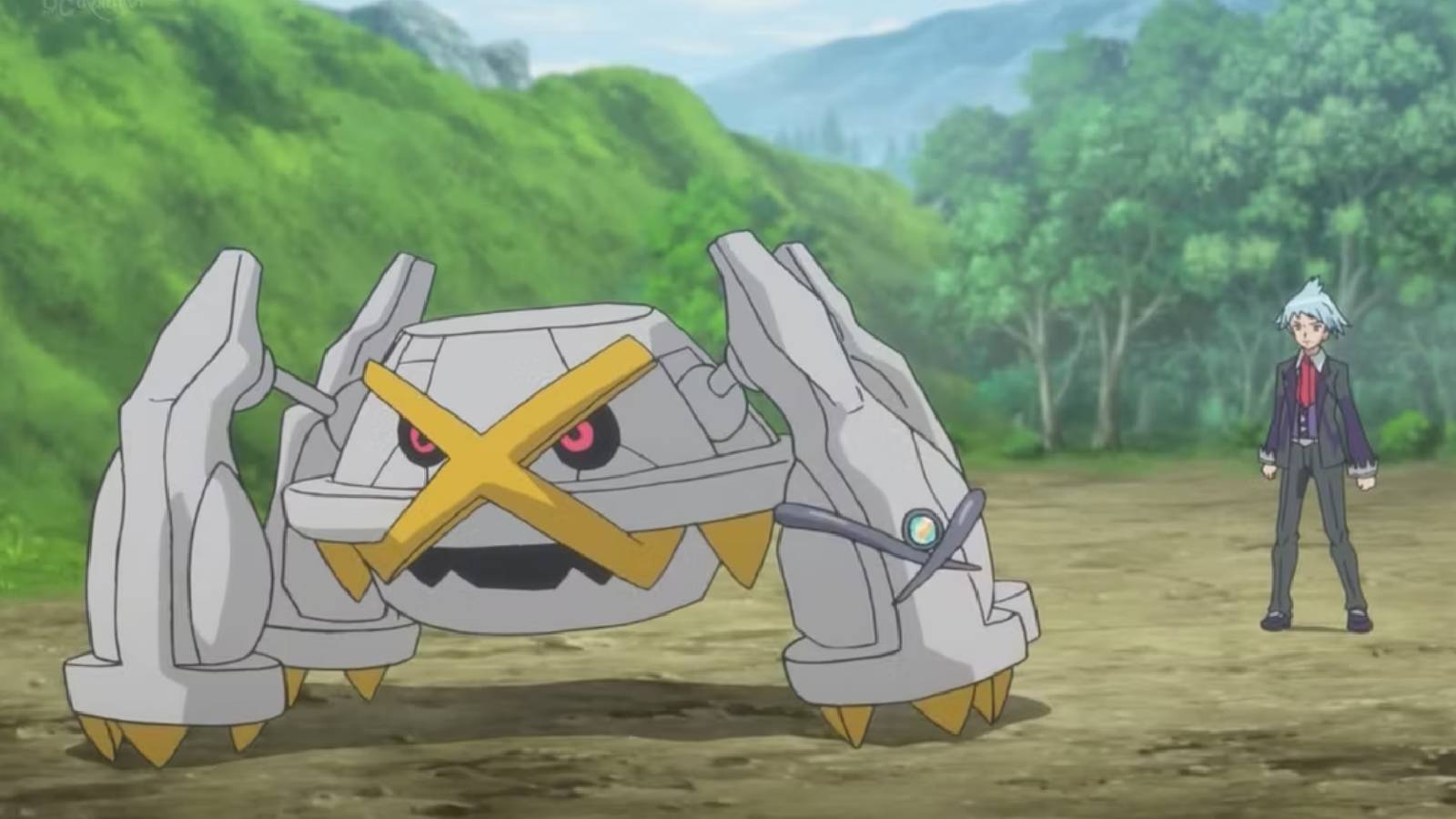 A screenshot from the Pokemon anime shows a Shiny Metagross and their trainer Stephen