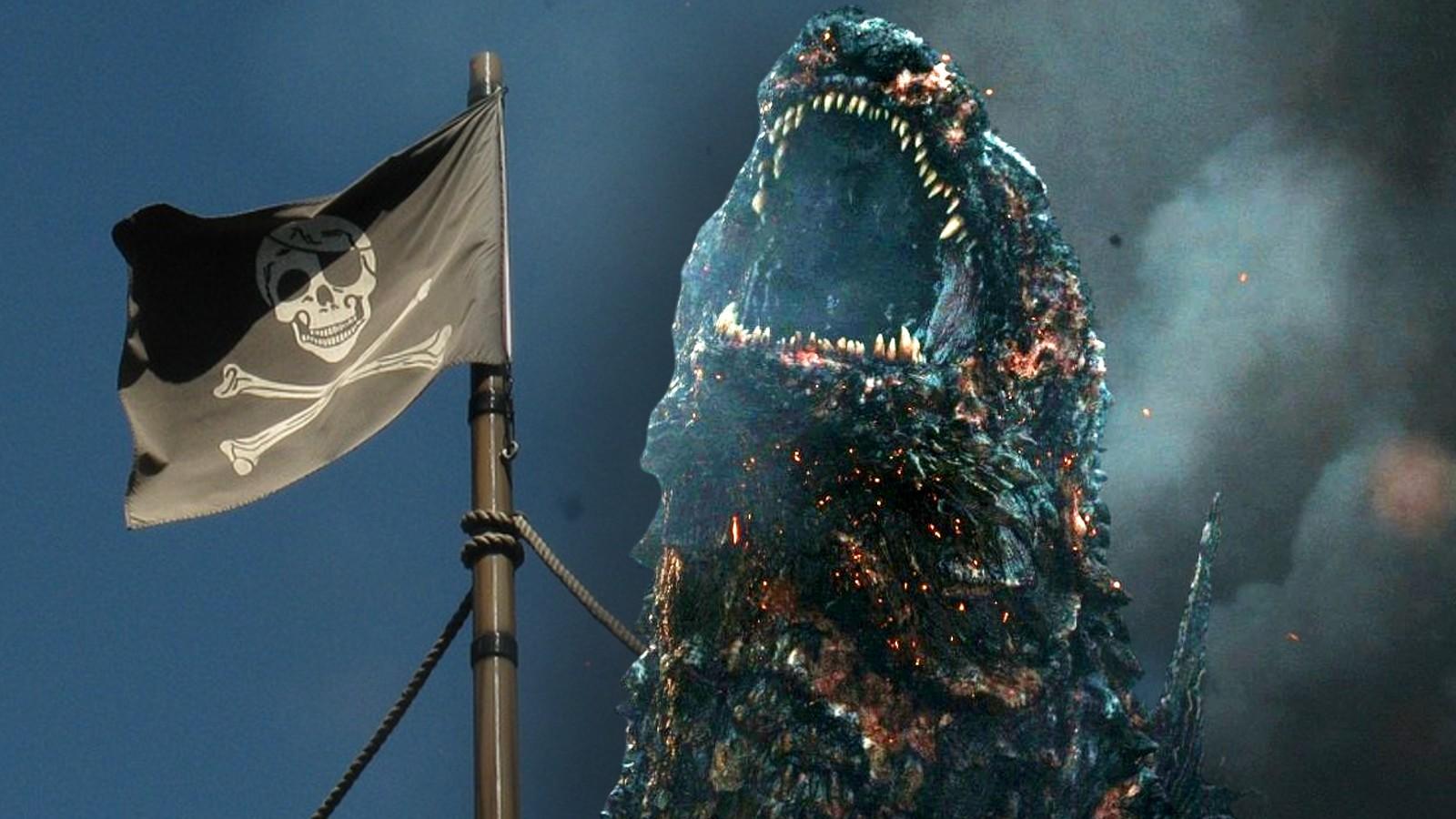 A pirate flag and Godzilla in Minus One