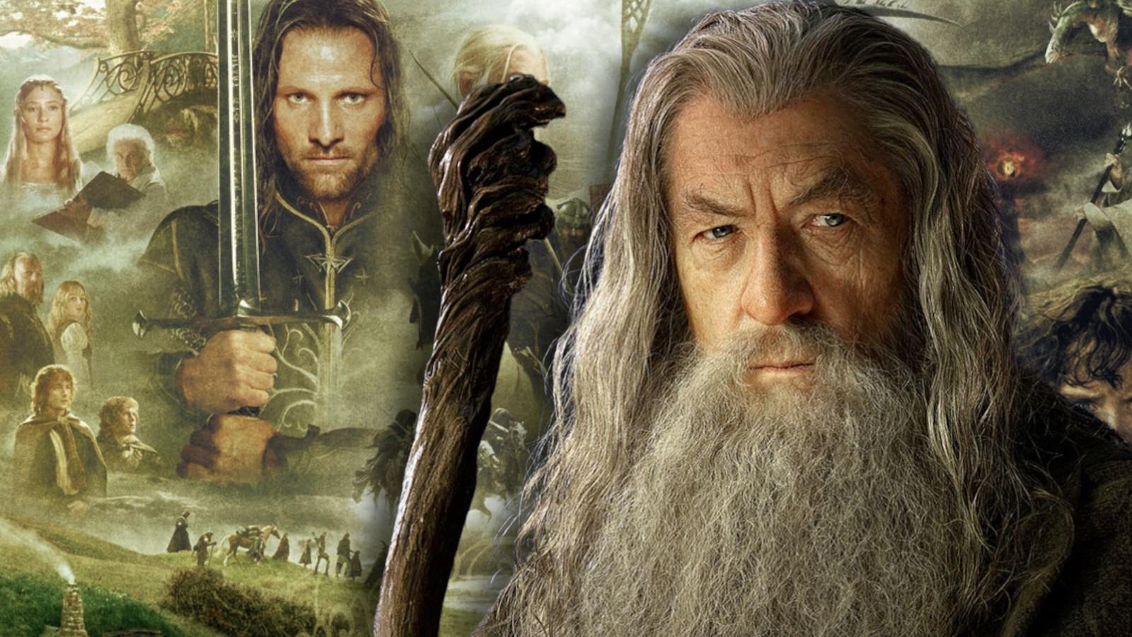 Gandalf the grey wth the Lord of the Rings cast in the background.