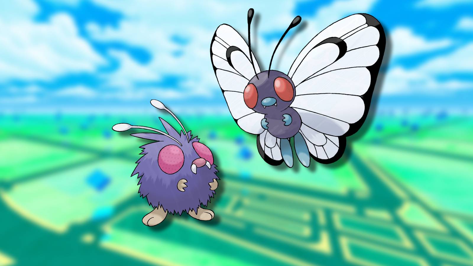 The Pokemon Venonat and Butterfree appear next to each other against a blurred background