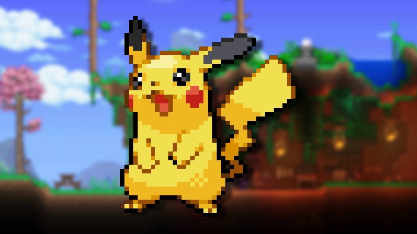 A pixelated sprite of Pikachu appears in front of a blurred screenshot of the game Terraria