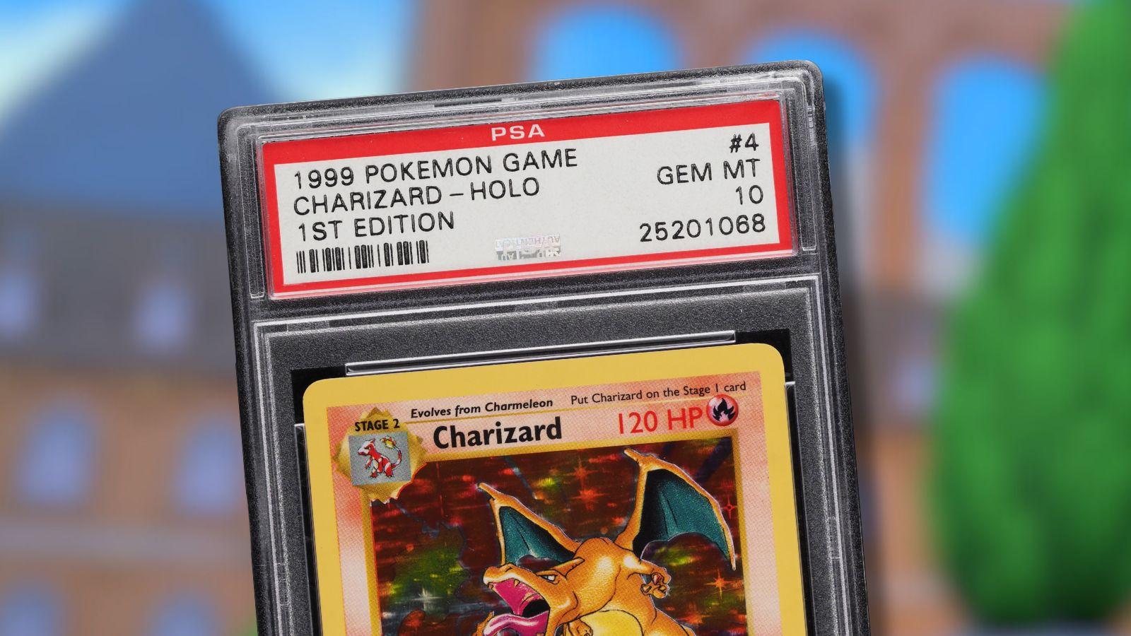 Graded Charizard Pokemon card with game background.