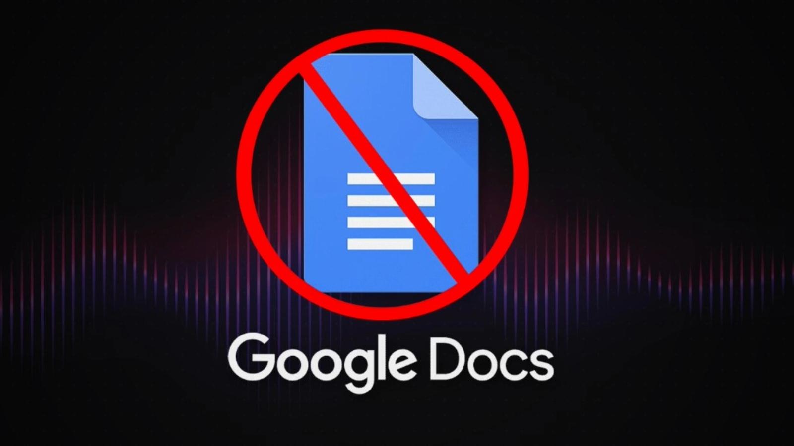 Image showing Google Docs logo with ban logo on it against a purple background