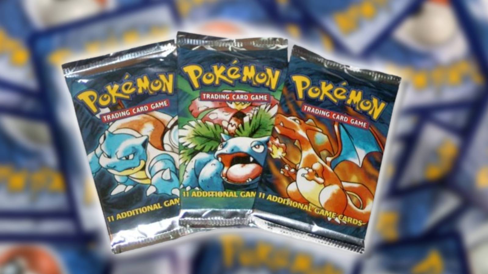 Three base set Pokemon Booster Packs are shown against a blurred background