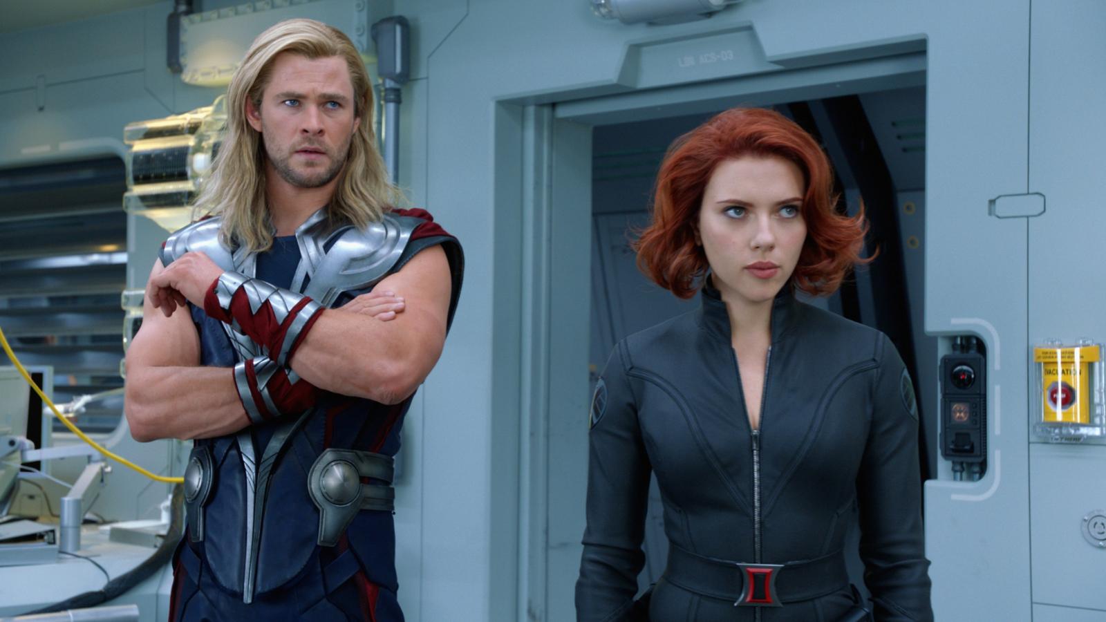 Chris Hemsworth as Thor and Scarlett Johansson as Black Widow in Avengers
