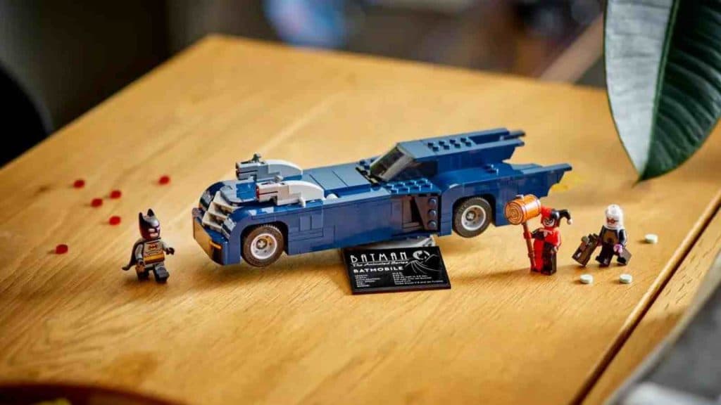 The LEGO Batman with the Batmobile vs. Harley Quinn and Mr. Freeze on display