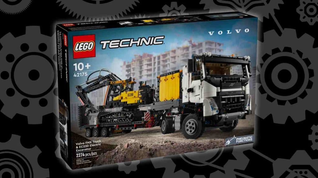 The LEGO Technic Volvo FMX Truck & EC230 Electric Excavator on a black background with graphics of gears