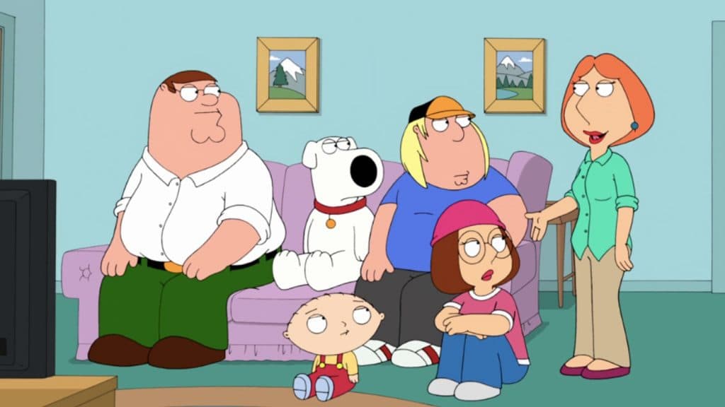 The cast of Family Guy sits on the couch