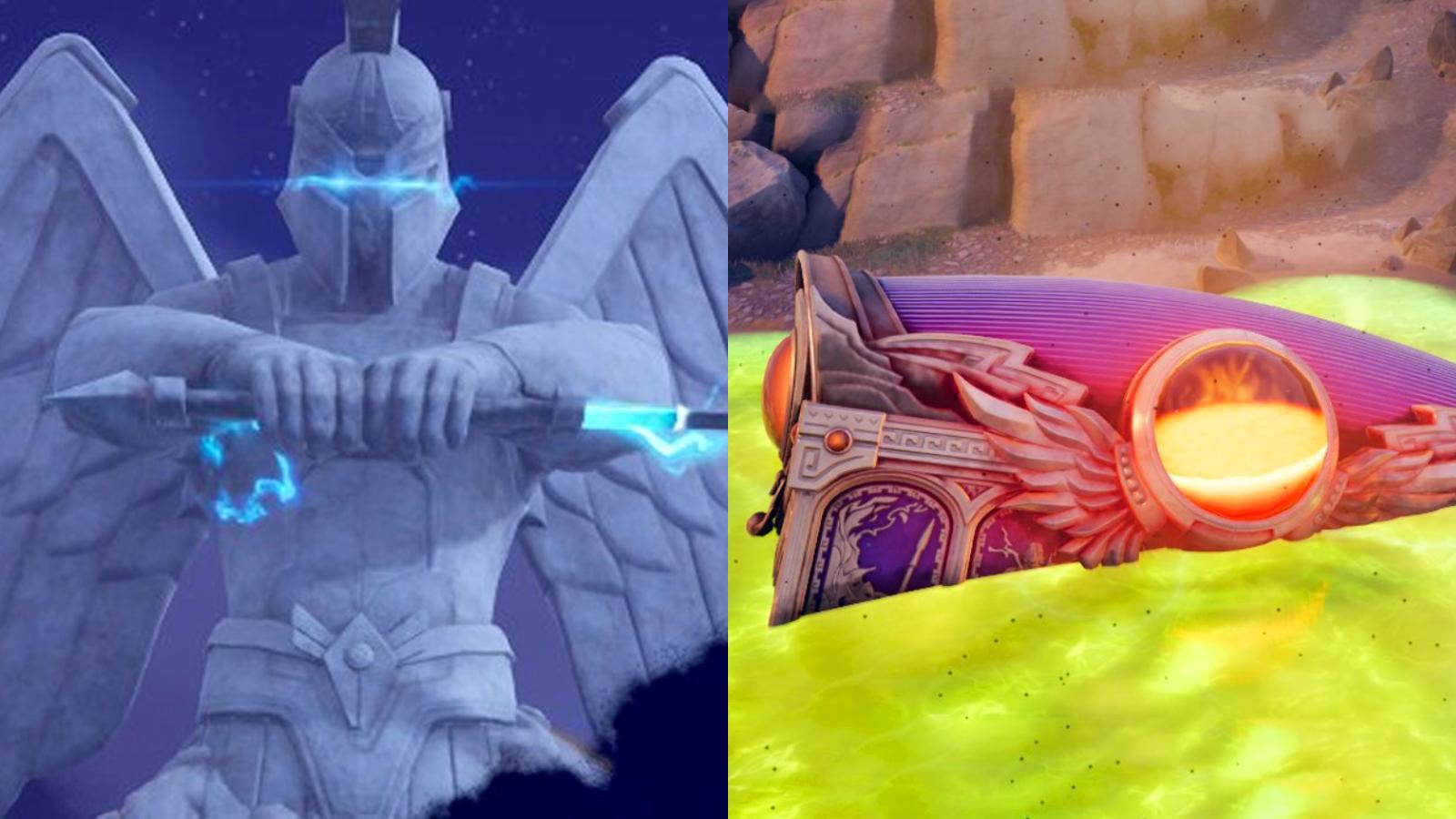 Statue at Mount Olympus POI and Pandora's Box in Fortnite.