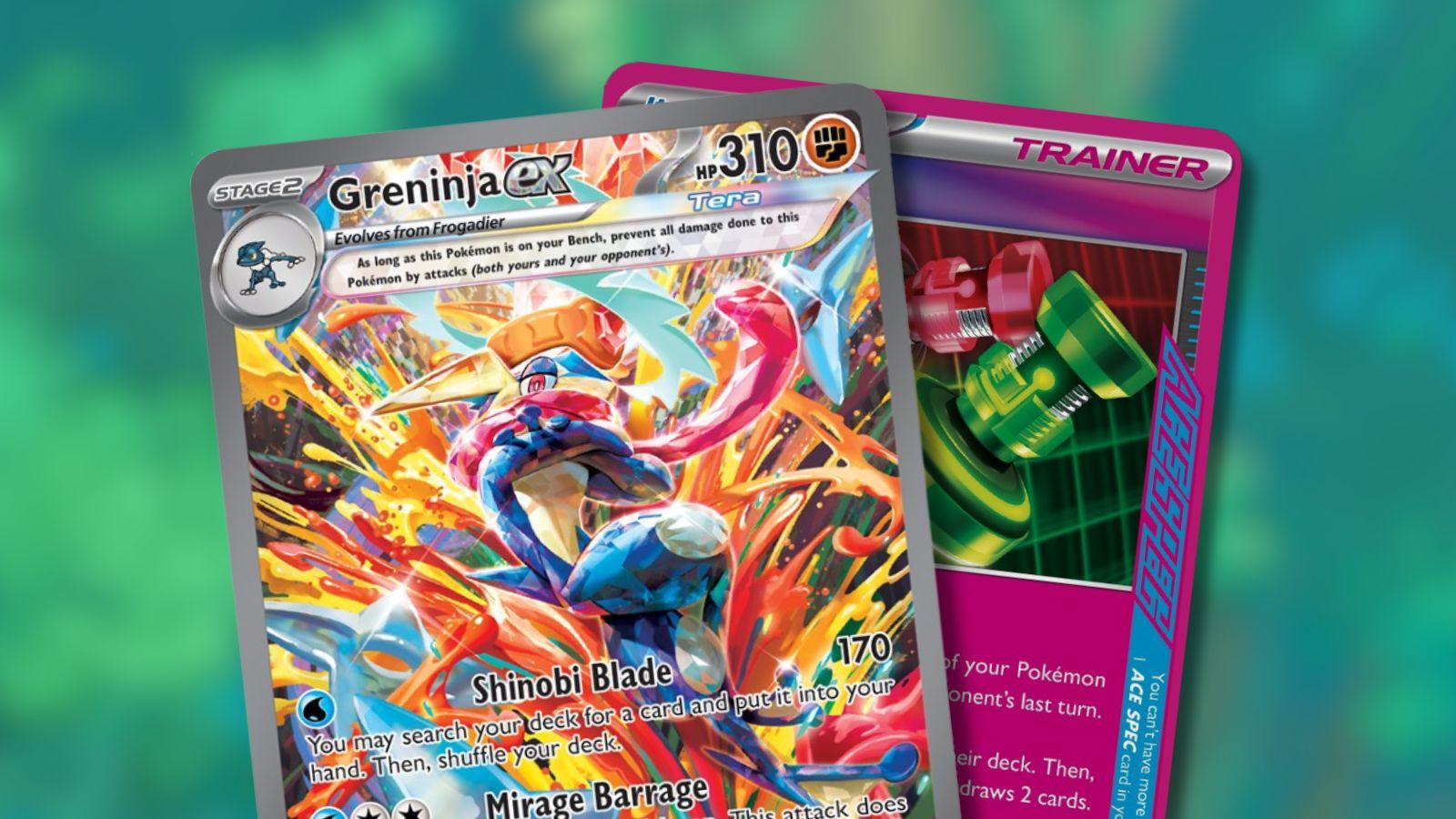 Greninja and ACE SPEC card with Pokemon anime background.