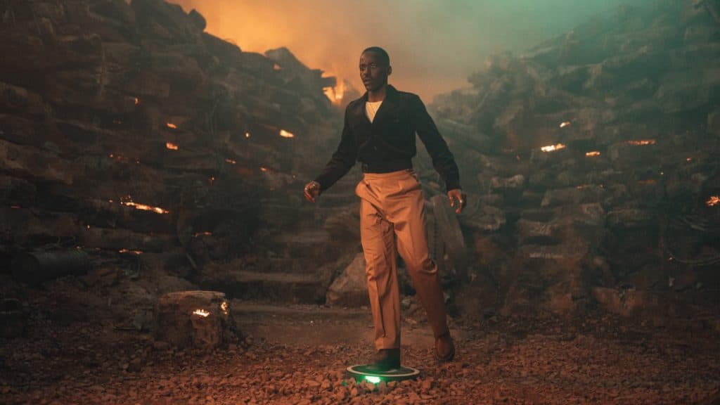 Ncuti Gatwa as the Doctor in 'Boom', standing on a landmine