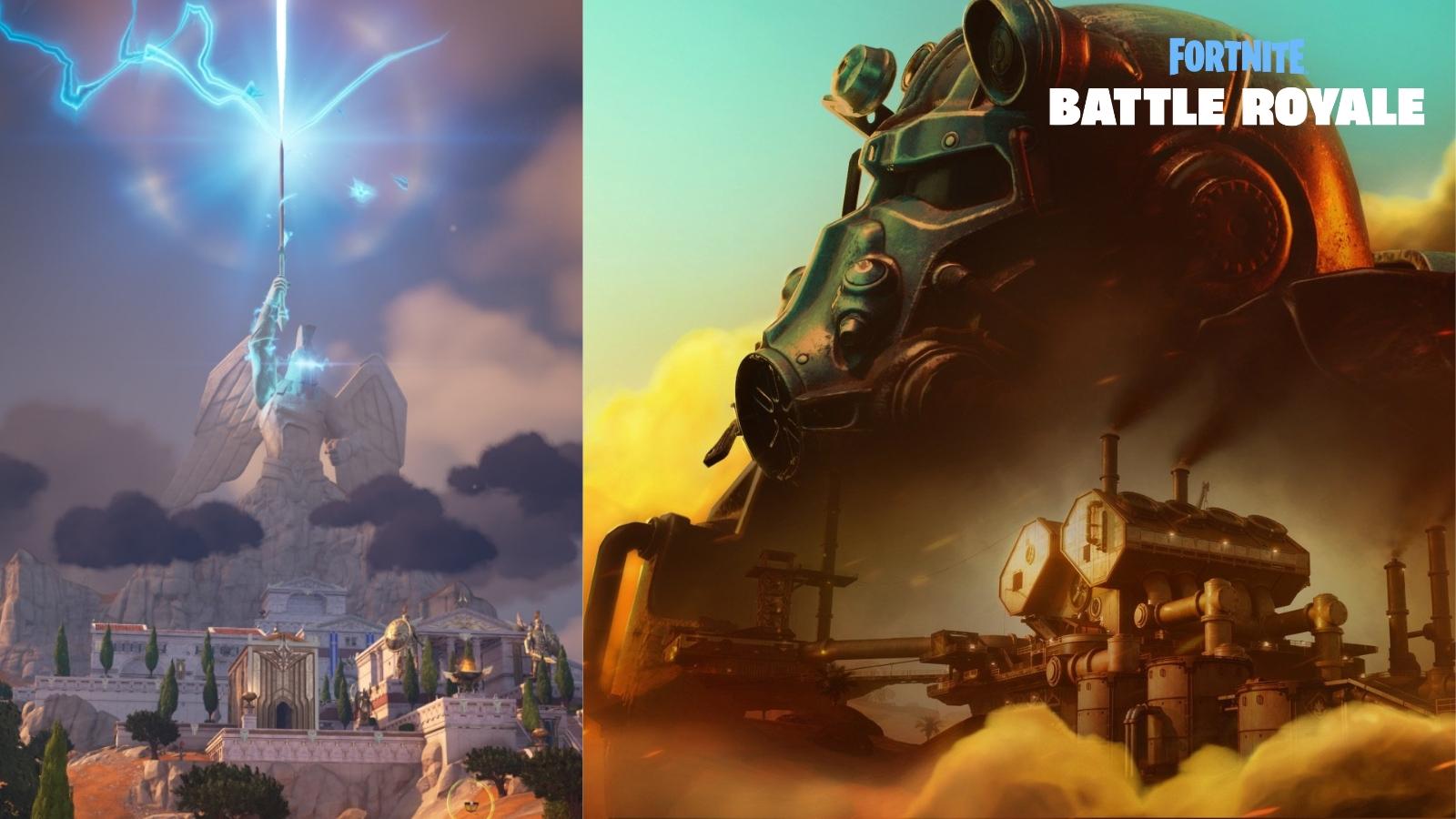Fortnite Mount Olympus statue and Fallout themed key art