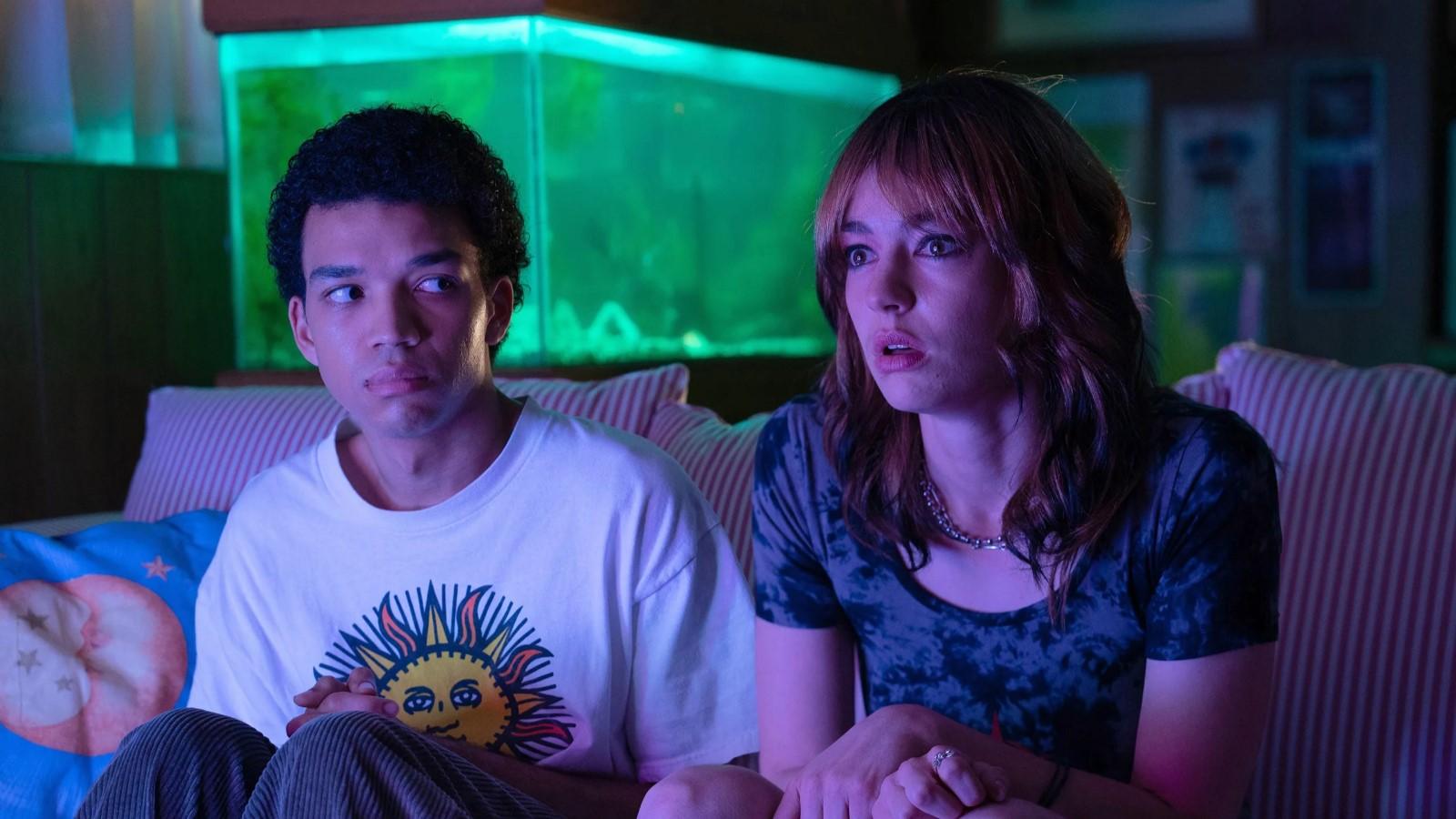 Justice Smith as Owen and Brigette Lundy-Paine as Maddy in I Saw the TV Glow
