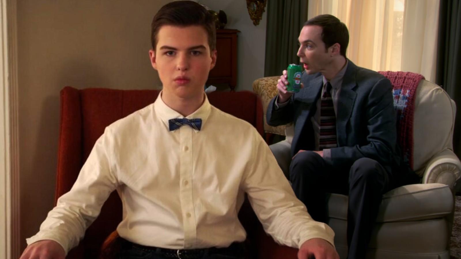 Sheldon in Young Sheldon Season 7 Episode 12 and Jim Parsons in The Big Bang Theory