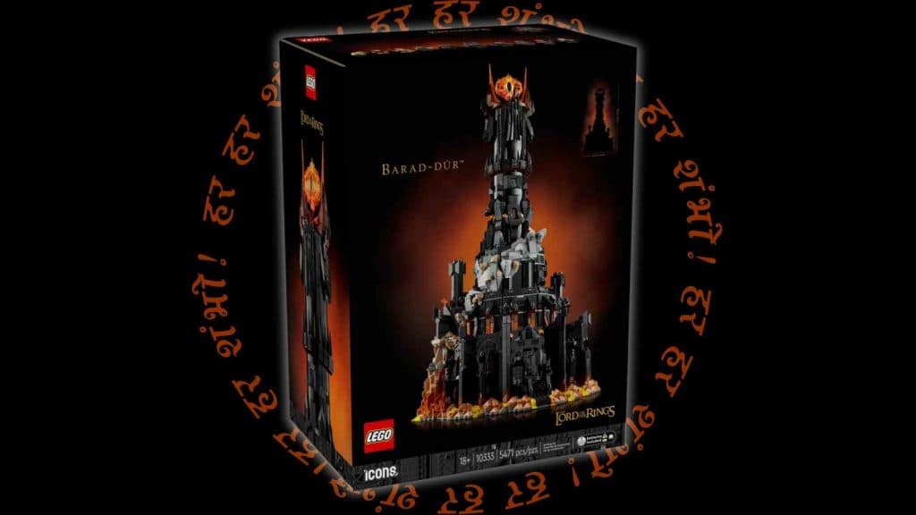 The LEGO Icons The Lord of the Rings Barad-dûr on black background with Lord of the Rings graphic