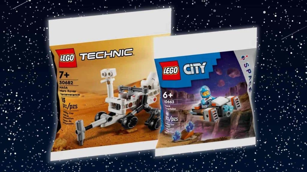 The LEGO Technic NASA Mars Rover Perseverance & LEGO City Space Hoverbike on a galaxy background