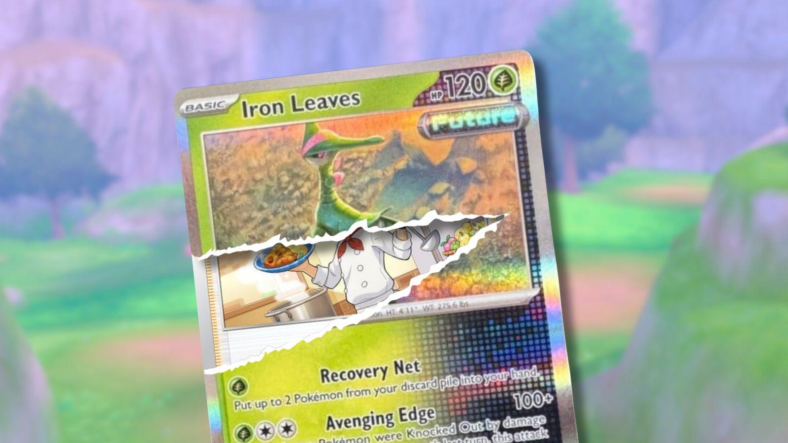 Iron Leaves Pokemon card with rip in the middle and video game background.