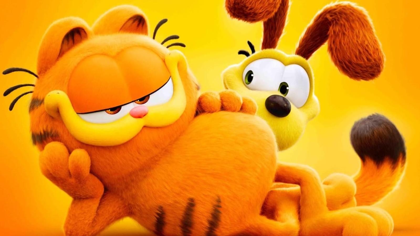 Odie the dog leaning on Garfield the cat.