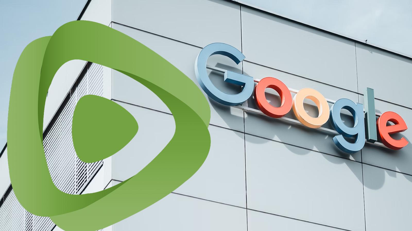 Rumble logo and Google