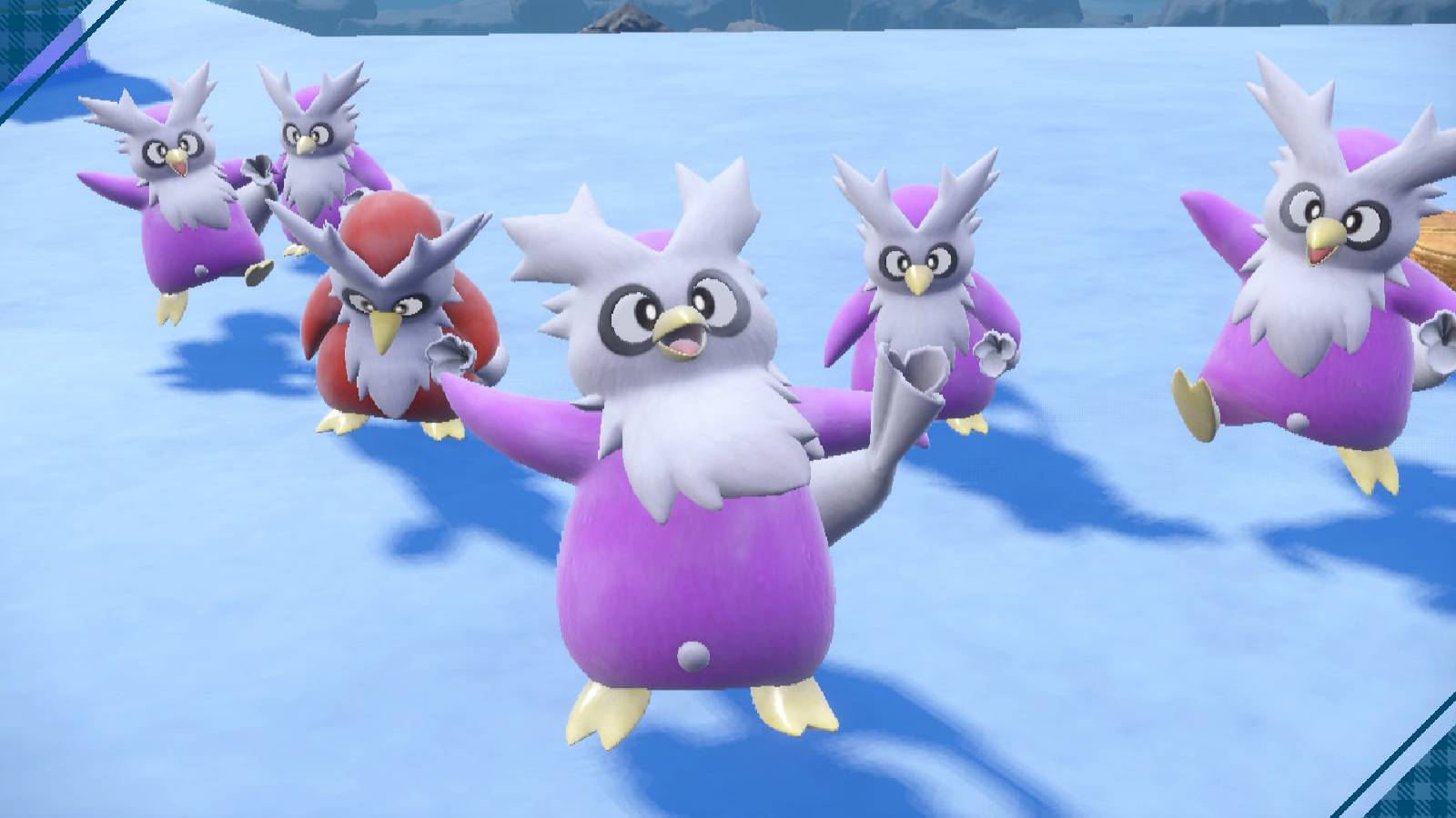 A screenshot from Pokemon Scarlet & Violet shows several Shiny forms of Delibird all gathered together