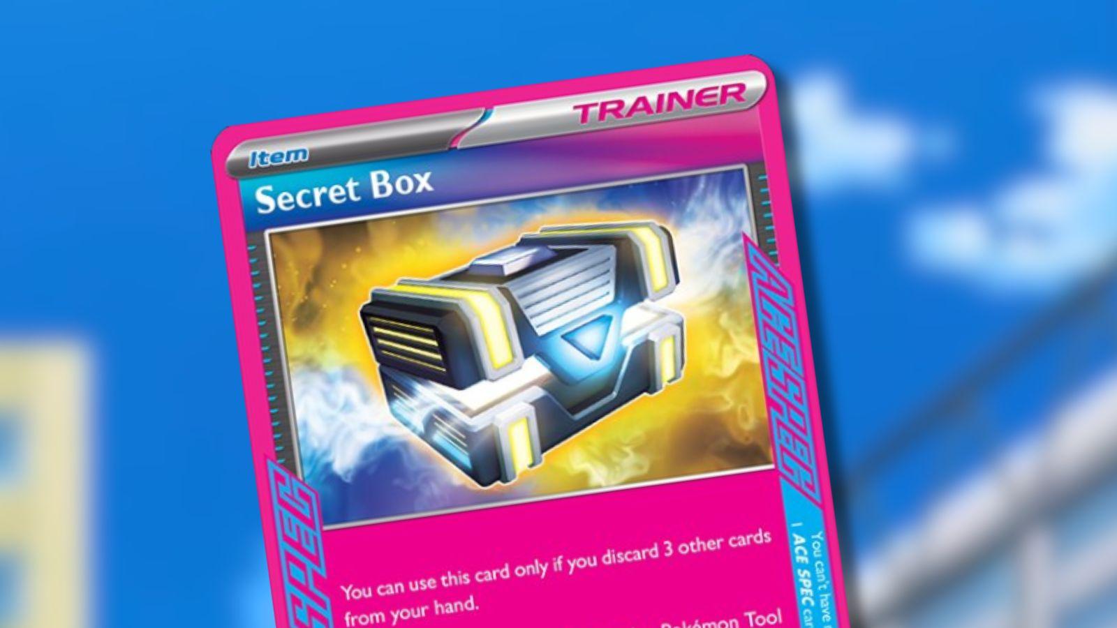 Secret Box ACE SPEC card with Pokemon anime background.