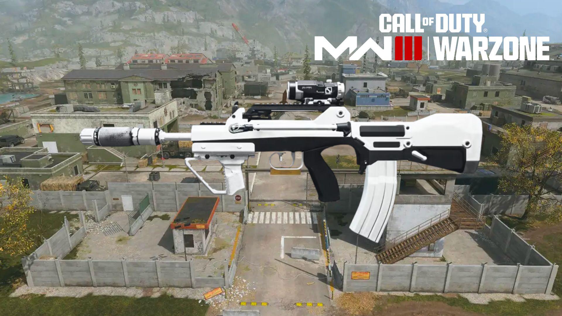 White and black FR Avancer assault rifle over Warzone's urzikstan map
